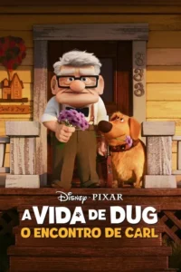 Um idoso com óculos e um cachorro dourado com flor na boca estão na varanda de uma casa. Clima amigável e acolhedor.