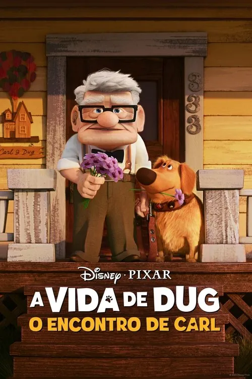 O Encontro de Carl 1 Um idoso com óculos e um cachorro dourado com flor na boca estão na varanda de uma casa. Clima amigável e acolhedor.