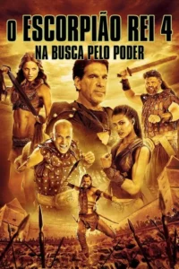 Pôster de fantasia e aventura. Vários guerreiros com espadas e adagas em poses de luta. Fundo árido com campo de batalha e lanças fincadas.