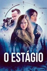 Pôster azulado:mulher central séria,homem com rifle à esq.,mulher com pistola à dir. Cenário de neve e elementos táticos.