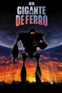 Silhueta de um robô gigante com olhos brilhantes e um garoto dentro,contra um céu estrelado e um pôr do sol urbano.