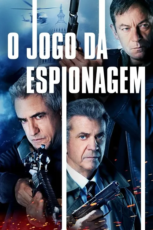 Três homens com armas e expressões sérias. Capitólio dos EUA e helicópteros ao fundo. Clima de ação e intriga.