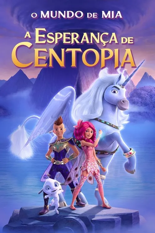 Pôster animado. Fada de cabelo rosa, elfo, unicórnio alado e criatura fofa em reino mágico azul e roxo. Clima de fantasia e aventura.