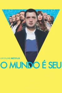 Homem com olho roxo em destaque,com grupo diverso de pessoas em triângulo azul piscina e fundo amarelo.