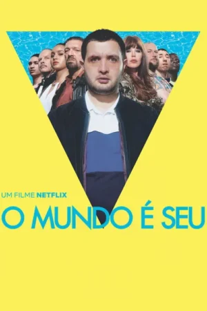 Homem com olho roxo em destaque, com grupo diverso de pessoas em triângulo azul piscina e fundo amarelo.