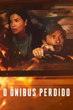 Homem e mulher com expressões assustadas dentro de um veículo. Chamas e faíscas intensas sugerem perigo e desastre.