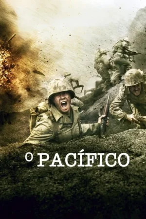 Soldados em capacetes e uniformes de guerra em combate intenso. Um grita em primeiro plano, enquanto outros correm em meio a explosões e terra.