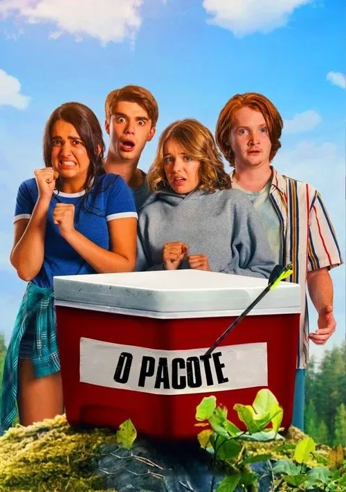 O Pacote 1 Quatro jovens apavorados atrás de um cooler vermelho com uma flecha,em um ambiente natural sob céu azul.
