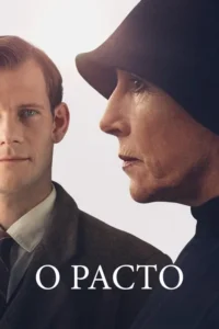 Homem jovem de casaco tweed e mulher idosa de chapéu escuro, em close-up contra fundo branco. Atmosfera séria e de época.