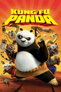 Pôster de animação:um panda sorrindo em pose de kung fu,segurando pauzinhos,rodeado por animais guerreiros como macaco,tigre e serpente. Fundo radiante de aventura.
