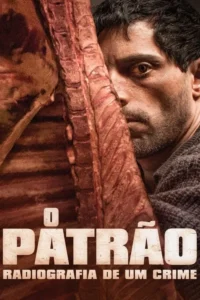 Homem barbudo de olhar intenso,parcialmente escondido por uma peça de carne crua. Atmosfera sombria e visceral.