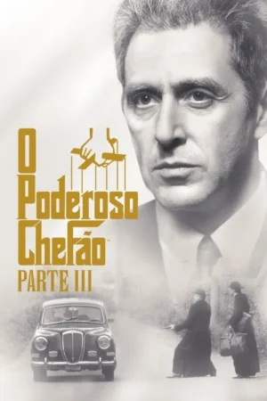 Pôster em sépia: rosto sério de homem grisalho domina. Abaixo, carro vintage na estrada, com duas figuras sombrias ao longe. Clima dramático.