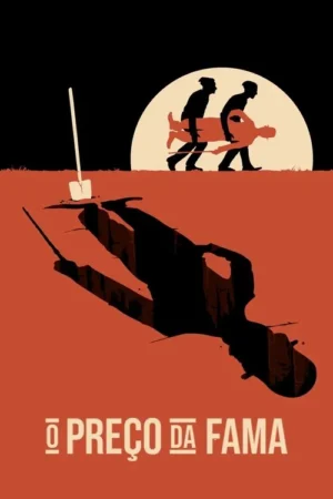 Noite: Duas figuras carregam um corpo sob a lua. Uma pá está no chão, onde uma fenda profunda forma a silhueta de uma pessoa. Clima sombrio.