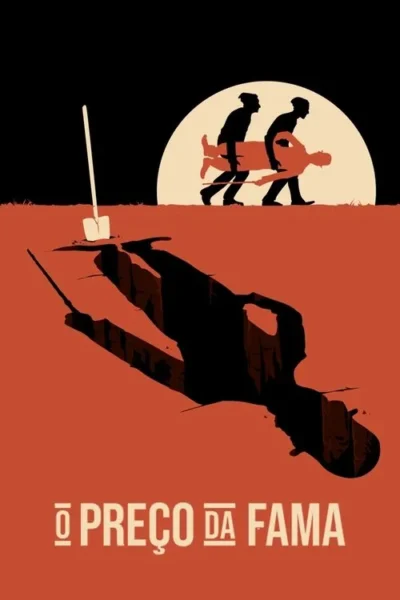 Noite: Duas figuras carregam um corpo sob a lua. Uma pá está no chão, onde uma fenda profunda forma a silhueta de uma pessoa. Clima sombrio.