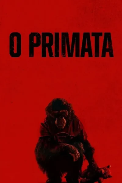 Um chimpanzé escuro de camisa escura, curvado, segura um ursinho de pelúcia, em fundo vermelho forte. Clima sombrio e melancólico.