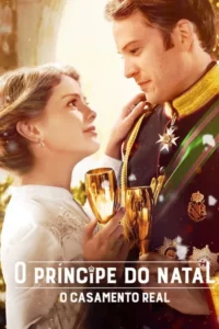 Casal sorridente em trajes de gala:ele em uniforme real,ela com taças douradas. Trocam olhares românticos em fundo festivo.
