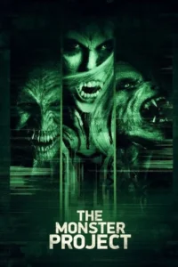 Pôster de terror verde: três criaturas monstruosas. Um monstro com presas berrando e dois monstros laterais. Estática digital.