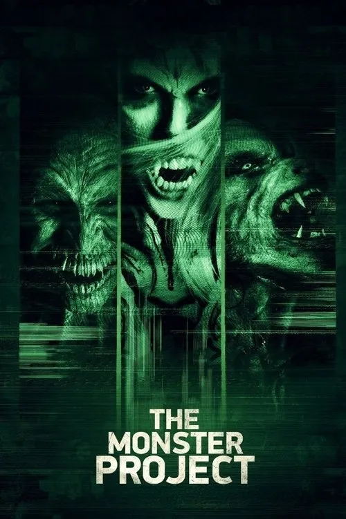 Pôster de terror verde: três criaturas monstruosas. Um monstro com presas berrando e dois monstros laterais. Estática digital.