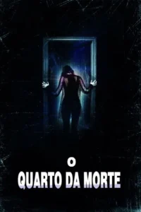 Silhueta em porta luminosa azul/roxa. Fundo escuro com textura arranhada e falhas digitais. Clima de mistério e suspense.