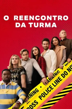 Sete pessoas diversas em fundo vermelho, com expressões sérias e divertidas. Fita policial do not cross atravessa a cena.