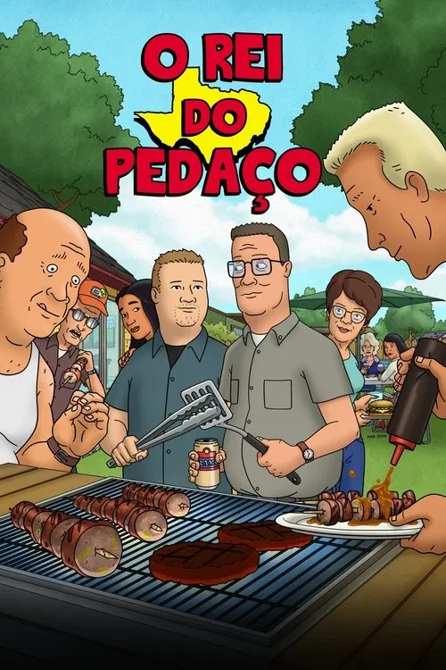 Ilustração animada:Grupo de adultos em churrasco no quintal. Homem de óculos grelha carnes e salsichas. Clima amigável e casual.