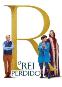 Um homem sério,uma mulher curiosa de capa de chuva e um rei sorridente. Fundo branco com um grande R dourado. Clima de aventura.
