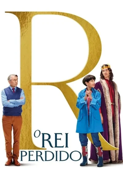 Um homem sério, uma mulher curiosa de capa de chuva e um rei sorridente. Fundo branco com um grande R dourado. Clima de aventura.