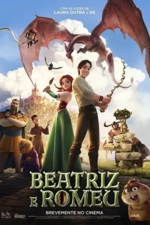 Pôster animado de fantasia: casal heroico, dragão voador, rei, criaturas e um castelo medieval sob céu azul. Clima de aventura.