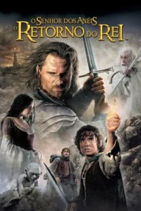 Pôster épico:guerreiro com espada,mago,mulher nobre,hobbits e criatura em rochedos. Torre distante. Clima grandioso e tenso.