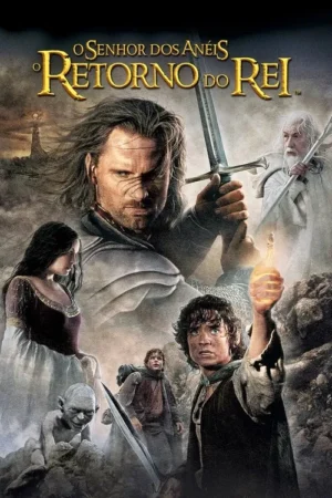 Pôster épico: guerreiro com espada, mago, mulher nobre, hobbits e criatura em rochedos. Torre distante. Clima grandioso e tenso.