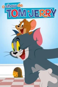 Pôster animado:Um gato cinza sorridente e um rato marrom alegre na sua cabeça. Fundo azul,chão xadrez e uma toca com queijo.