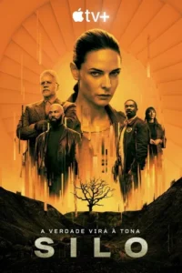 Pôster: Mulher séria em destaque, elenco difuso. Fundo laranja com espiral, transição para paisagem árida e árvore solitária. Atmosfera misteriosa.