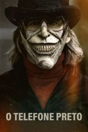 Close-up de figura sinistra: cartola, óculos e máscara pálida com sorriso dentuço. Atmosfera sombria e de terror.