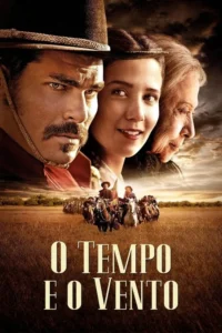 Três rostos (homem sério,jovem sorrindo,idosa pensativa) acima de cavaleiros em campo vasto sob céu dramático.