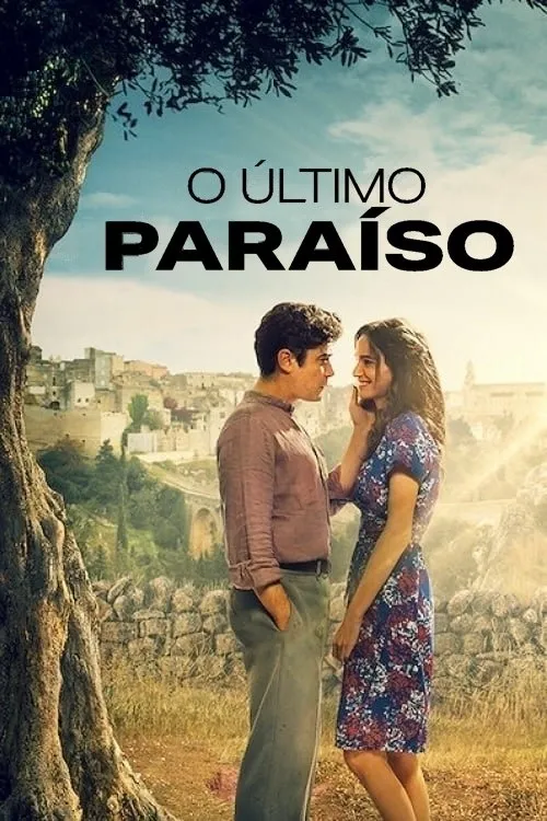O Último Paraíso 1 Homem e mulher se olham com carinho. Ao fundo,uma cidade antiga sob um sol dourado. Uma árvore robusta à esquerda. Ambiente romântico.