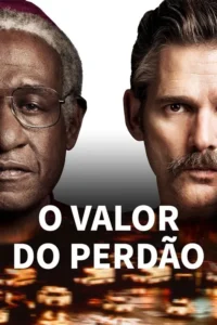 Pôster:um homem idoso com óculos e chapéu roxo e outro com bigode,ambos sérios. Fundo branco com cidade borrada embaixo.