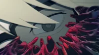 Close-up de olho de anime intenso com cabelo claro. Fluidos vermelhos e roxos explodem com motion blur. Atmosfera sombria e poderosa.