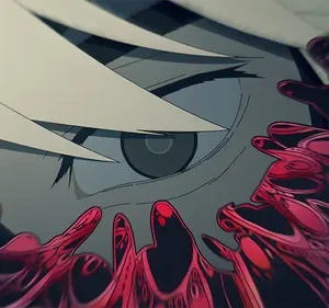 Close-up de olho de anime intenso com cabelo claro. Fluidos vermelhos e roxos explodem com motion blur. Atmosfera sombria e poderosa.