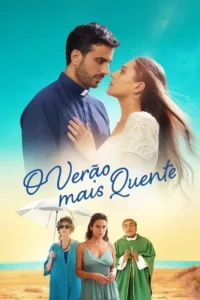 Casal romântico, um sacerdote, se olha no alto. Abaixo, outros três personagens, incluindo um padre, em praia ensolarada. Drama e romance.