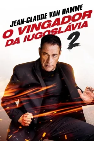 Homem de terno preto, rosto intenso, punho sangrento e um olho claro. Faíscas alaranjadas e clima de ação intensa.