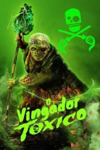 Pôster verde vibrante. Criatura mutante verde com olho vermelho,segurando um cajado brilhante. Clima tóxico e pantanoso.
