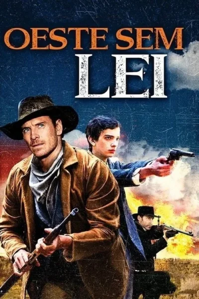 Pôster de faroeste. Cowboy com rifle, jovem com pistola e outro atirador. Cenário árido com céu dramático azul e laranja.