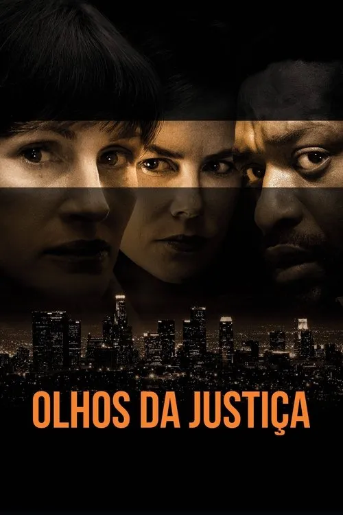 Rostos sérios de duas mulheres e um homem com olhos intensos,em tom sépia,sobre um skyline noturno. Clima sombrio e misterioso.