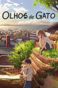 Pôster anime:Jovem garota com máscara de gato e garoto com gato branco,em uma colina ensolarada,com vista para uma vila costeira vibrante.