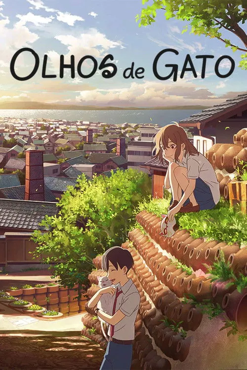 Pôster anime:Jovem garota com máscara de gato e garoto com gato branco,em uma colina ensolarada,com vista para uma vila costeira vibrante.