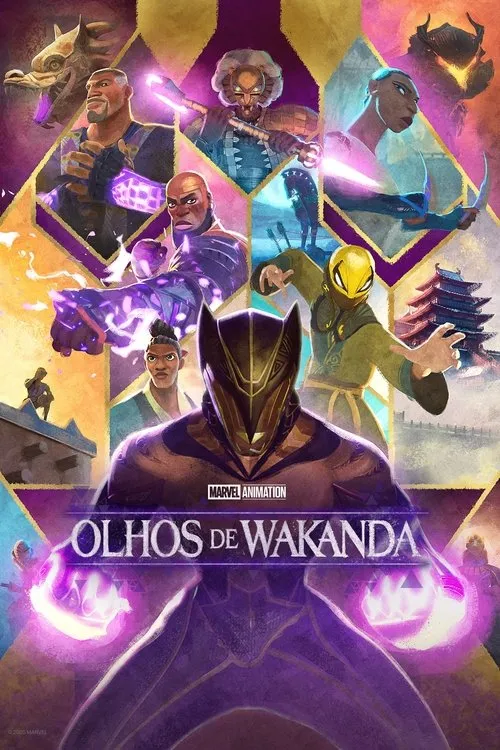 Pôster animado: herói mascarado central com energia roxa. Vários personagens dinâmicos, dragões e pagodas ao fundo. Cores vibrantes.