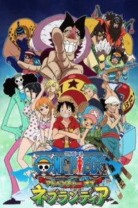 Vários personagens de anime em pose dinâmica. Um pirata de chapéu de palha sorri no centro. Um vilão com nariz grande aponta no topo. Clima de aventura.