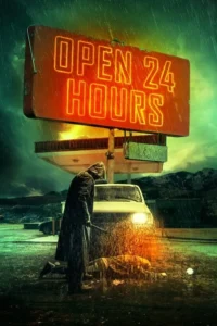 Uma figura encapuzada com pé de cabra sobre corpo caído na chuva. Placa neon OPEN 24 HOURS ilumina a cena sombria e violenta.