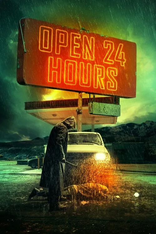 Uma figura encapuzada com pé de cabra sobre corpo caído na chuva. Placa neon OPEN 24 HOURS ilumina a cena sombria e violenta.
