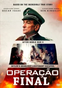 Pôster: homem idoso de uniforme nazista no topo; embaixo, um grupo de pessoas em reunião tensa em torno de uma mesa com mapas. Clima histórico.